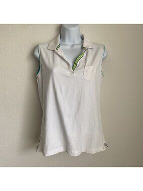 Izod Flex Womens Medium White Fitness Tank Top V-neck Blue Green Trim